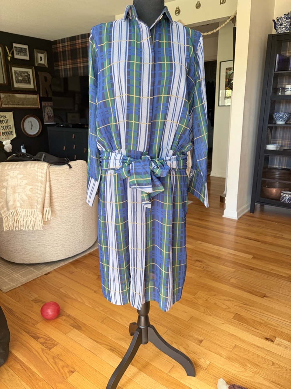 Gretchen Scott Designs Blue, Green & White Plaid Long Sleeve Shirt Dress